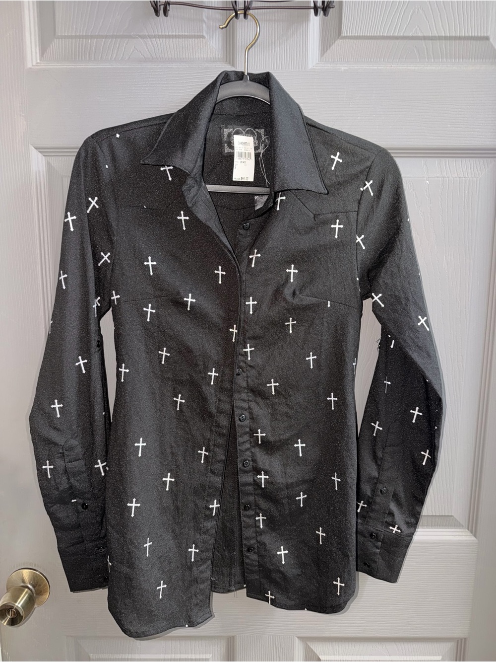 Carven Black Button-Down Shirt with White Cross Print